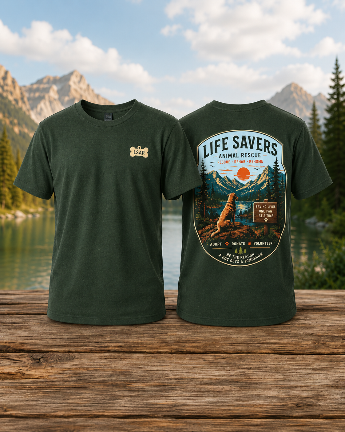 Rescue Shirt - Green - front and back showing forest design